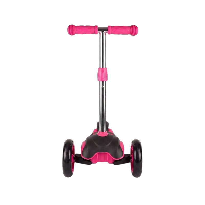Kids 3-Wheel Kick Scooter front view showing wide twin front wheels pink T-bar grips chrome stem and black non-slip deck base