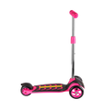 Kids 3-Wheel Kick Scooter side view hot-pink and black lightning bolt deck chrome adjustable stem pink T-bar grips wide twin front wheels