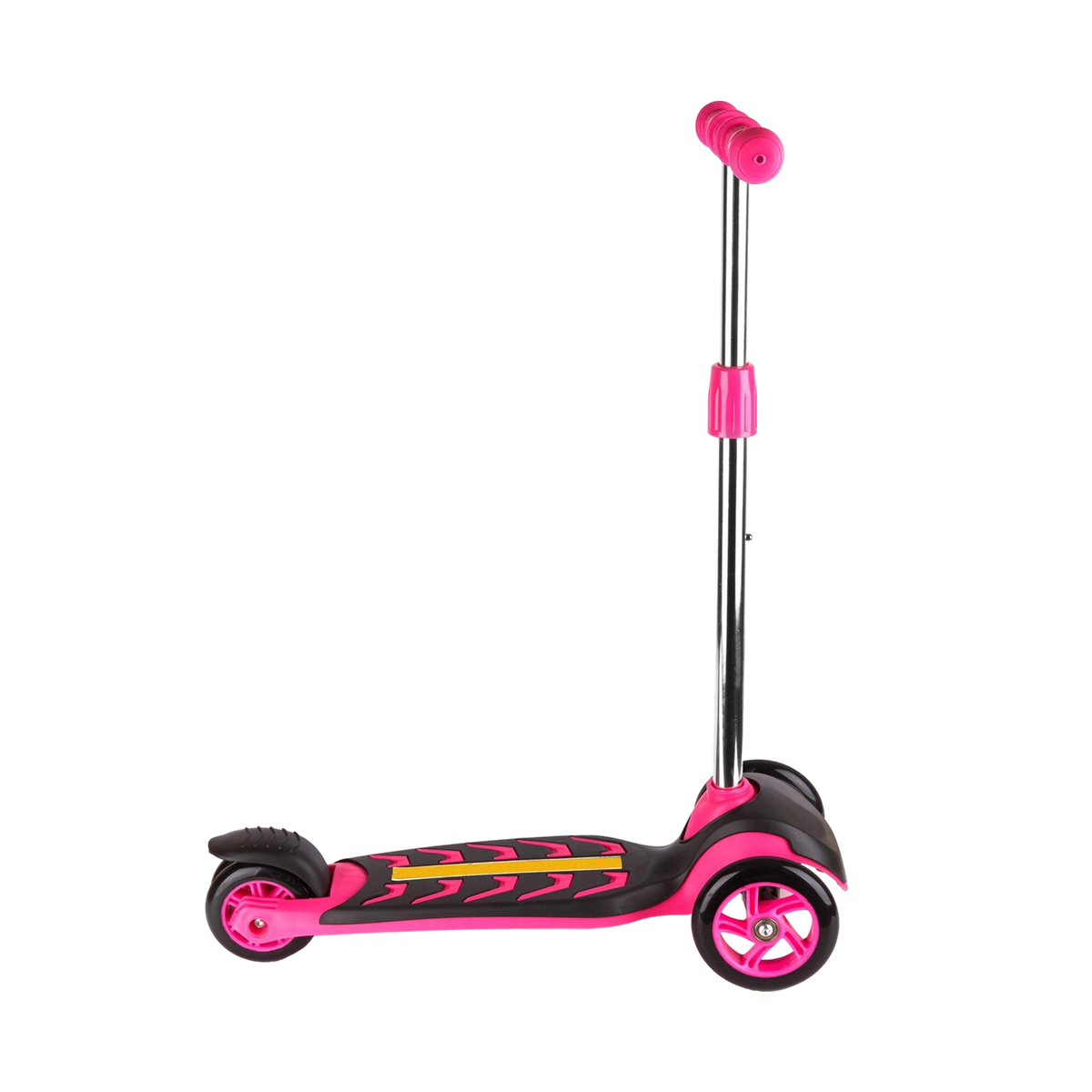 Kids 3-Wheel Kick Scooter side view hot-pink and black lightning bolt deck chrome adjustable stem pink T-bar grips wide twin front wheels