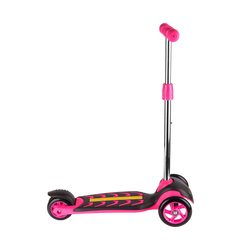 Kids 3-Wheel Kick Scooter side view hot-pink and black lightning bolt deck chrome adjustable stem pink T-bar grips wide twin front wheels