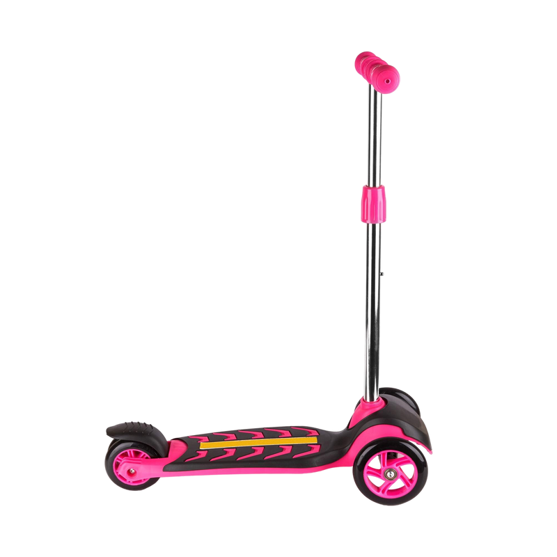 Kids 3-Wheel Kick Scooter side view hot-pink and black lightning bolt deck chrome adjustable stem pink T-bar grips wide twin front wheels