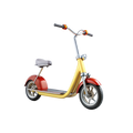 Retro Mini Moped Electric Scooter side view golden-yellow frame cherry-red mudguards chrome springer forks bullet headlamp swept-back handlebars amber grips saddle seat
