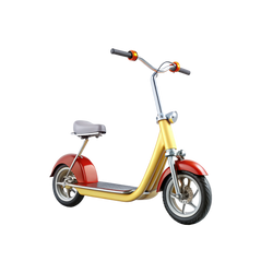 Retro Mini Moped Electric Scooter side view golden-yellow frame cherry-red mudguards chrome springer forks bullet headlamp swept-back handlebars amber grips saddle seat
