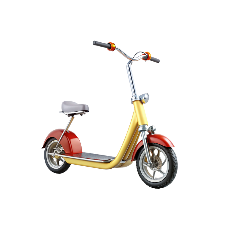 Retro Mini Moped Electric Scooter side view golden-yellow frame cherry-red mudguards chrome springer forks bullet headlamp swept-back handlebars amber grips saddle seat