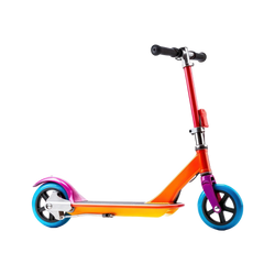 Sunset Gradient Kick Scooter side view golden-yellow to orange to red gradient frame electric blue large wheels purple fork mudguard and adjustable T-bar