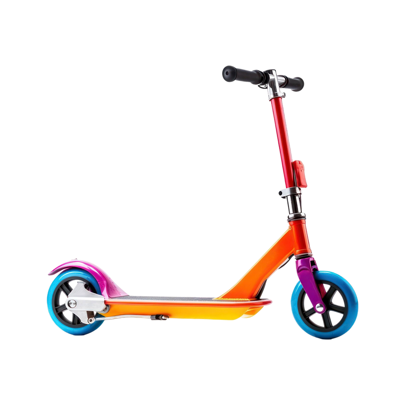 Sunset Gradient Kick Scooter side view golden-yellow to orange to red gradient frame electric blue large wheels purple fork mudguard and adjustable T-bar