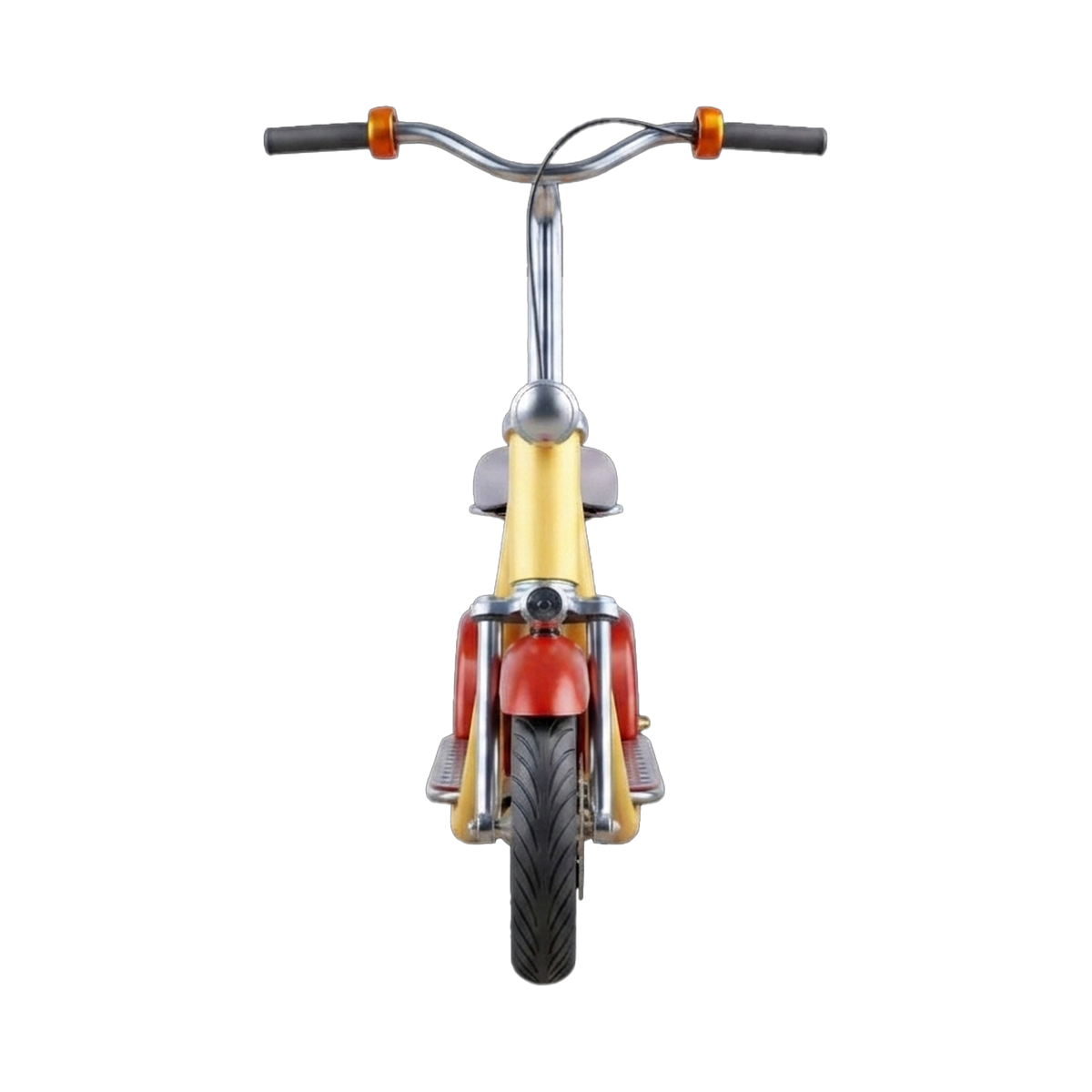 Retro Mini Moped Electric Scooter front view showing swept-back chrome handlebars amber barrel grips bullet headlamp chrome springer forks and road tyre
