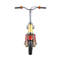 Retro Mini Moped Electric Scooter front view showing swept-back chrome handlebars amber barrel grips bullet headlamp chrome springer forks and road tyre