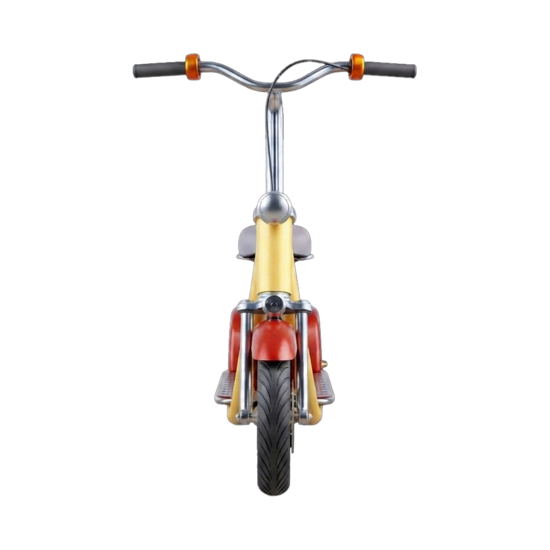 Retro Mini Moped Electric Scooter front view showing swept-back chrome handlebars amber barrel grips bullet headlamp chrome springer forks and road tyre