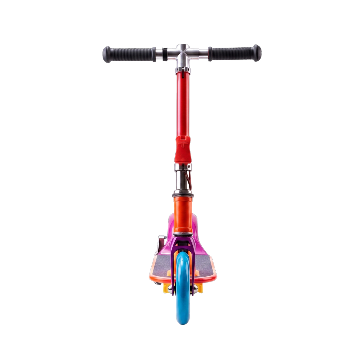 Sunset Gradient Kick Scooter front view showing adjustable T-bar black grips red stem orange frame purple front fork and electric blue front wheel