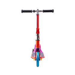 Sunset Gradient Kick Scooter front view showing adjustable T-bar black grips red stem orange frame purple front fork and electric blue front wheel