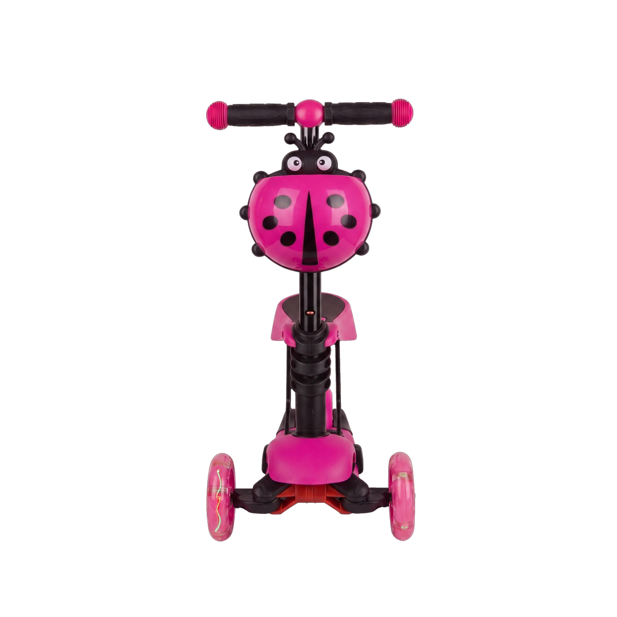 Ladybird 3-in-1 Toddler Scooter front view showing full ladybird character face googly eyes antennae pink polka dot shell adjustable T-bar and LED front wheels