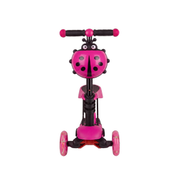 Ladybird 3-in-1 Toddler Scooter front view showing full ladybird character face googly eyes antennae pink polka dot shell adjustable T-bar and LED front wheels