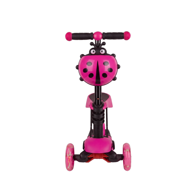 Ladybird 3-in-1 Toddler Scooter front view showing full ladybird character face googly eyes antennae pink polka dot shell adjustable T-bar and LED front wheels