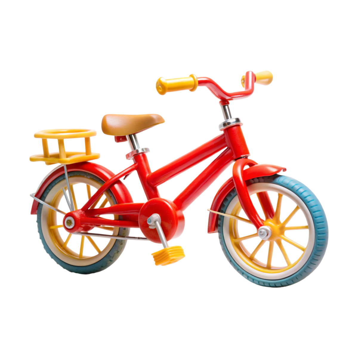 Redline Classic Kids Bicycle side profile hero shot white background bold cherry red steel frame swept handlebar caramel leather-look saddle sunny yellow handlebar grips 10-spoke yellow wheels teal rubber tyres yellow front mudguard yellow rear carrier rack yellow pedals chrome fork right-facing three-quarter angle