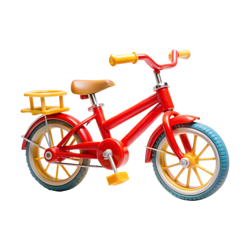 Redline Classic Kids Bicycle side profile hero shot white background bold cherry red steel frame swept handlebar caramel leather-look saddle sunny yellow handlebar grips 10-spoke yellow wheels teal rubber tyres yellow front mudguard yellow rear carrier rack yellow pedals chrome fork right-facing three-quarter angle