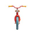 Redline Classic Kids Bicycle front-on detail shot white background full width red swept handlebar two yellow grips perfectly symmetrical red front fork red front mudguard full tread face teal rubber tyre yellow hub centre caramel saddle visible above stem