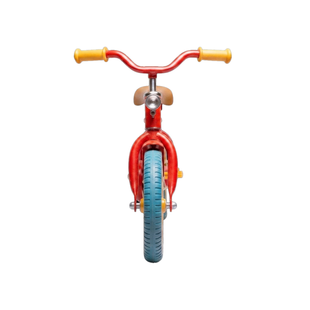 Redline Classic Kids Bicycle front-on detail shot white background full width red swept handlebar two yellow grips perfectly symmetrical red front fork red front mudguard full tread face teal rubber tyre yellow hub centre caramel saddle visible above stem