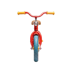 Redline Classic Kids Bicycle front-on detail shot white background full width red swept handlebar two yellow grips perfectly symmetrical red front fork red front mudguard full tread face teal rubber tyre yellow hub centre caramel saddle visible above stem