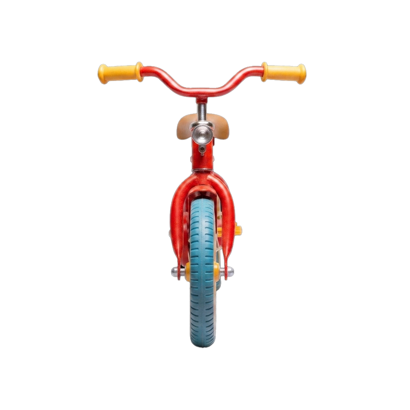 Redline Classic Kids Bicycle front-on detail shot white background full width red swept handlebar two yellow grips perfectly symmetrical red front fork red front mudguard full tread face teal rubber tyre yellow hub centre caramel saddle visible above stem
