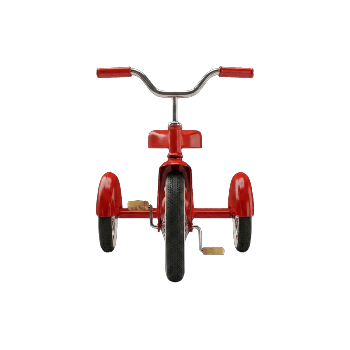 Retro Red Classic Tricycle front-on detail shot white background full width chrome T-bar handlebar two red rubber grips symmetrical red front fork red mudguard full tread black rubber tyre large front wheel red rear fenders flanking symmetrically two smaller rear wheels visible chrome pedal