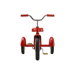 Retro Red Classic Tricycle front-on detail shot white background full width chrome T-bar handlebar two red rubber grips symmetrical red front fork red mudguard full tread black rubber tyre large front wheel red rear fenders flanking symmetrically two smaller rear wheels visible chrome pedal
