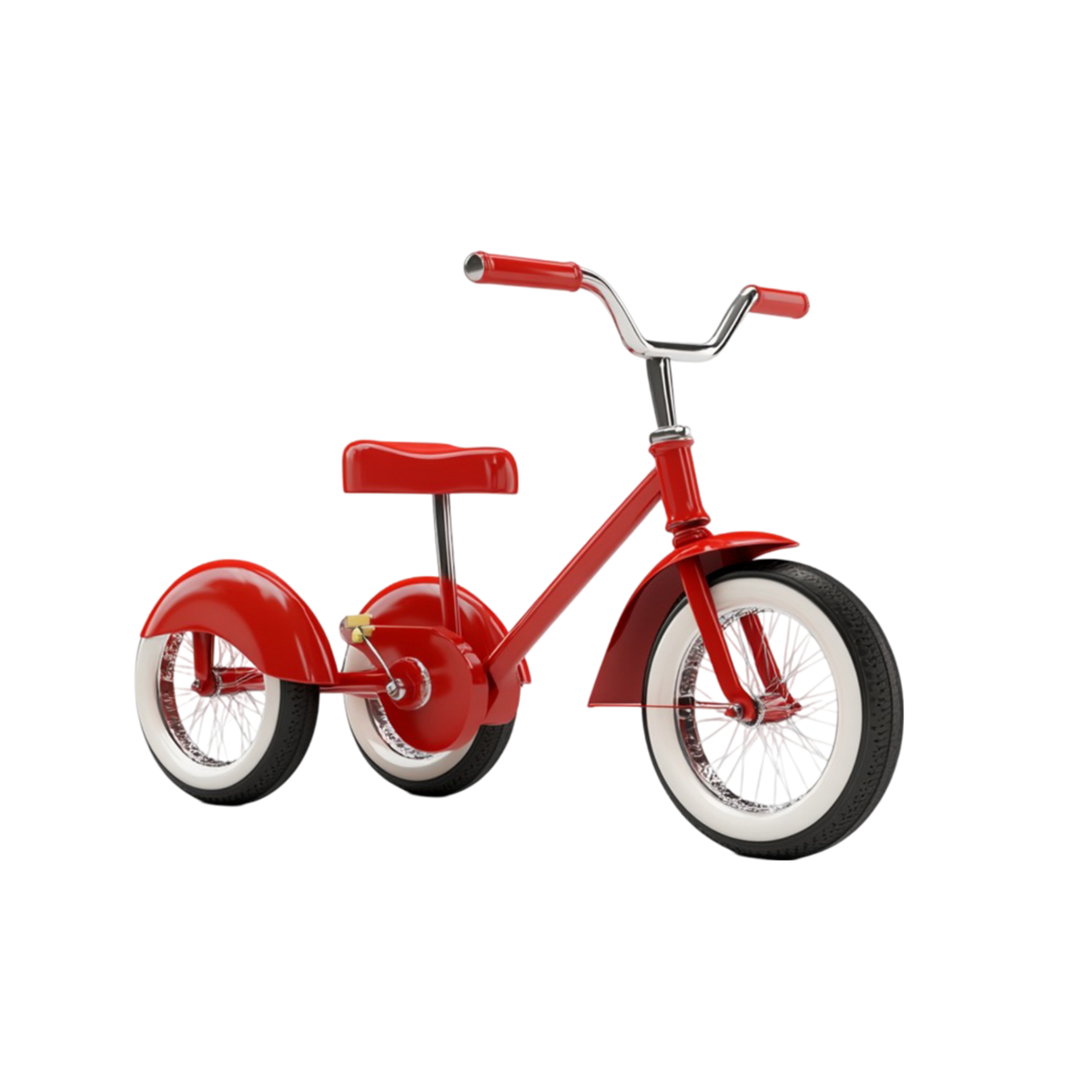 Retro Red Classic Tricycle side profile hero shot white background gleaming cherry red steel frame swept low-slung geometry red moulded saddle red rubber handlebar grips wide chrome T-bar handlebar large front wheel black rubber tyre chrome wire spokes white sidewall two smaller rear wheels matching chrome spokes white sidewall red rear mudguard fenders chrome pedals right-facing three-quarter
