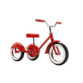 Retro Red Classic Tricycle side profile hero shot white background gleaming cherry red steel frame swept low-slung geometry red moulded saddle red rubber handlebar grips wide chrome T-bar handlebar large front wheel black rubber tyre chrome wire spokes white sidewall two smaller rear wheels matching chrome spokes white sidewall red rear mudguard fenders chrome pedals right-facing three-quarter