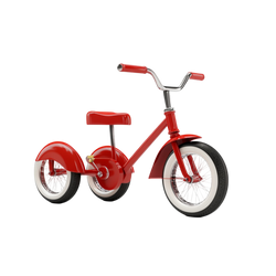 Retro Red Classic Tricycle side profile hero shot white background gleaming cherry red steel frame swept low-slung geometry red moulded saddle red rubber handlebar grips wide chrome T-bar handlebar large front wheel black rubber tyre chrome wire spokes white sidewall two smaller rear wheels matching chrome spokes white sidewall red rear mudguard fenders chrome pedals right-facing three-quarter