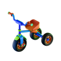Cargo Cruiser Toddler Tricycle angled hero shot white background cobalt blue tubular frame burnt orange moulded bucket seat orange rubber handlebar grips green end caps swept blue handlebar orange front cargo basket teal bolt detail green front mudguard wide black rubber tyres orange 5-spoke front hub blue rear hubs lime green connector joints left-facing three-quarter