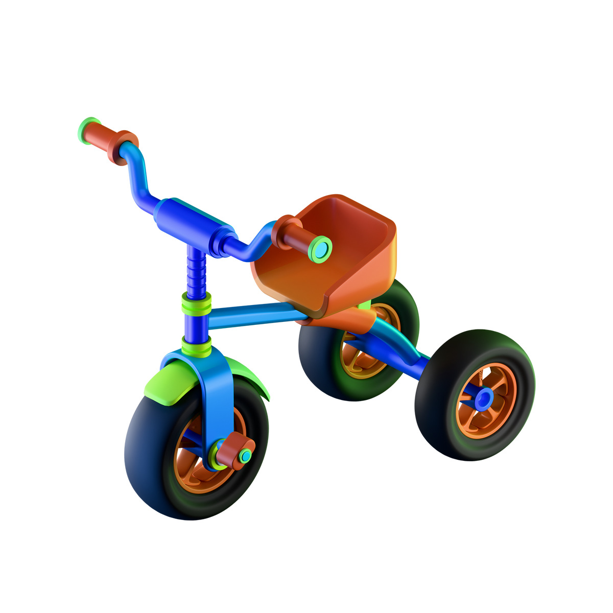 Cargo Cruiser Toddler Tricycle angled hero shot white background cobalt blue tubular frame burnt orange moulded bucket seat orange rubber handlebar grips green end caps swept blue handlebar orange front cargo basket teal bolt detail green front mudguard wide black rubber tyres orange 5-spoke front hub blue rear hubs lime green connector joints left-facing three-quarter