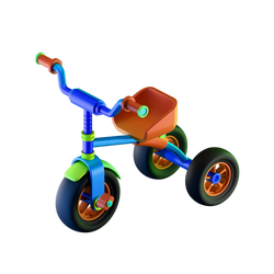Cargo Cruiser Toddler Tricycle angled hero shot white background cobalt blue tubular frame burnt orange moulded bucket seat orange rubber handlebar grips green end caps swept blue handlebar orange front cargo basket teal bolt detail green front mudguard wide black rubber tyres orange 5-spoke front hub blue rear hubs lime green connector joints left-facing three-quarter