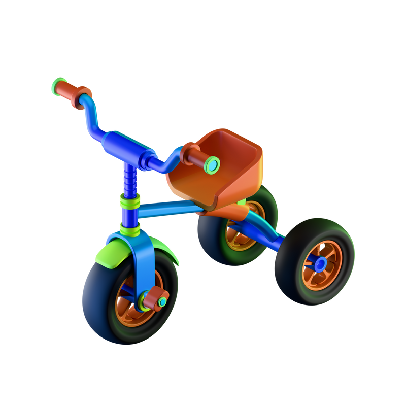 Cargo Cruiser Toddler Tricycle angled hero shot white background cobalt blue tubular frame burnt orange moulded bucket seat orange rubber handlebar grips green end caps swept blue handlebar orange front cargo basket teal bolt detail green front mudguard wide black rubber tyres orange 5-spoke front hub blue rear hubs lime green connector joints left-facing three-quarter