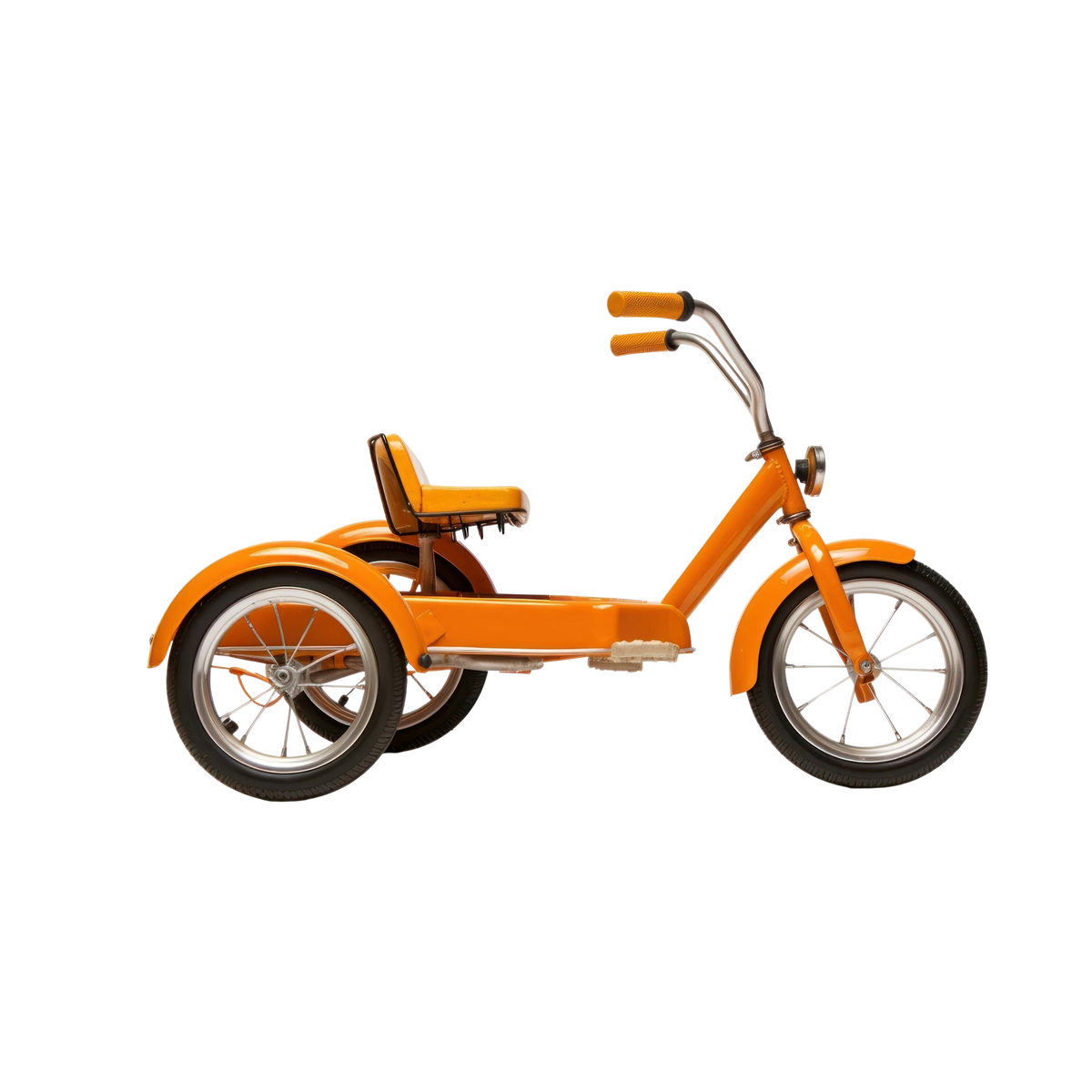 Sunset Chopper Kids Tricycle side profile hero shot white background vivid amber orange steel chopper frame low-slung geometry brown-orange tufted vinyl bucket seat backrest chrome swept-back handlebar orange rubber grips chrome headlamp stem full orange front rear mudguard fenders large front wheel two rear wheels chrome wire spokes black rubber tyres right-facing