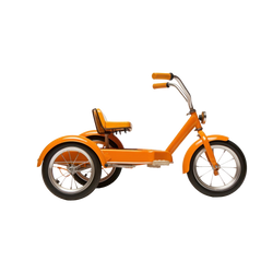 Sunset Chopper Kids Tricycle side profile hero shot white background vivid amber orange steel chopper frame low-slung geometry brown-orange tufted vinyl bucket seat backrest chrome swept-back handlebar orange rubber grips chrome headlamp stem full orange front rear mudguard fenders large front wheel two rear wheels chrome wire spokes black rubber tyres right-facing