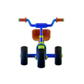 Cargo Cruiser Toddler Tricycle front-on detail shot white background swept cobalt blue handlebar two burnt orange grips green end caps symmetrical blue stem ribbed grip texture burnt orange bucket seat visible green front mudguard wide black front tyre orange 5-spoke hub two rear wide black tyres blue hubs flanking symmetrically