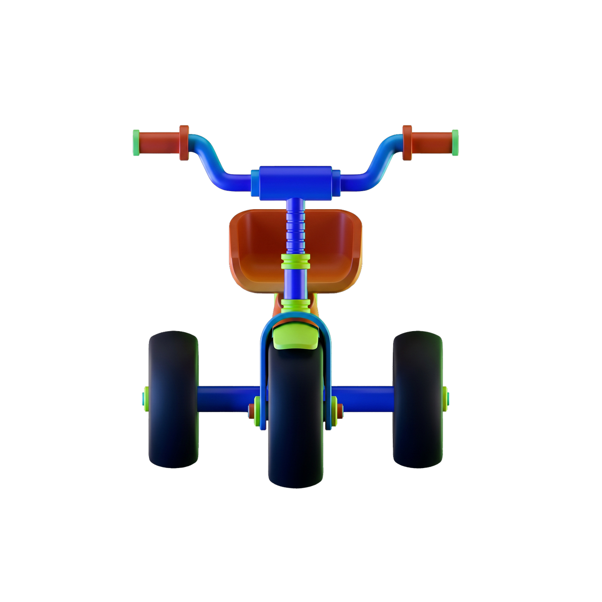 Cargo Cruiser Toddler Tricycle front-on detail shot white background swept cobalt blue handlebar two burnt orange grips green end caps symmetrical blue stem ribbed grip texture burnt orange bucket seat visible green front mudguard wide black front tyre orange 5-spoke hub two rear wide black tyres blue hubs flanking symmetrically
