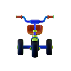 Cargo Cruiser Toddler Tricycle front-on detail shot white background swept cobalt blue handlebar two burnt orange grips green end caps symmetrical blue stem ribbed grip texture burnt orange bucket seat visible green front mudguard wide black front tyre orange 5-spoke hub two rear wide black tyres blue hubs flanking symmetrically