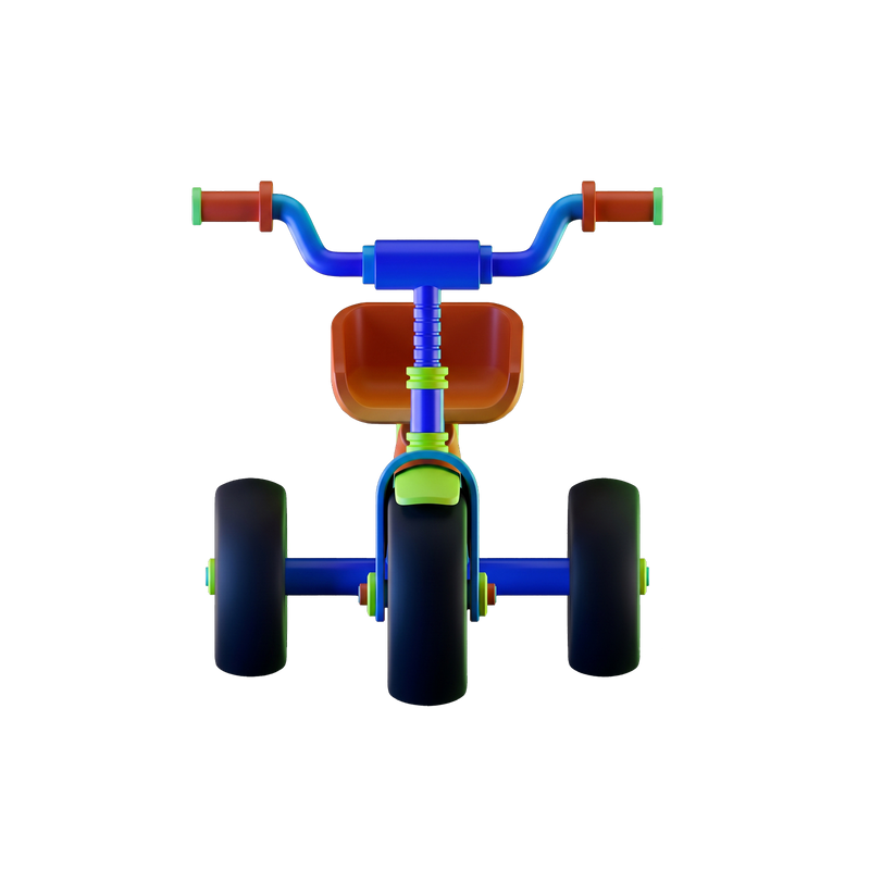 Cargo Cruiser Toddler Tricycle front-on detail shot white background swept cobalt blue handlebar two burnt orange grips green end caps symmetrical blue stem ribbed grip texture burnt orange bucket seat visible green front mudguard wide black front tyre orange 5-spoke hub two rear wide black tyres blue hubs flanking symmetrically