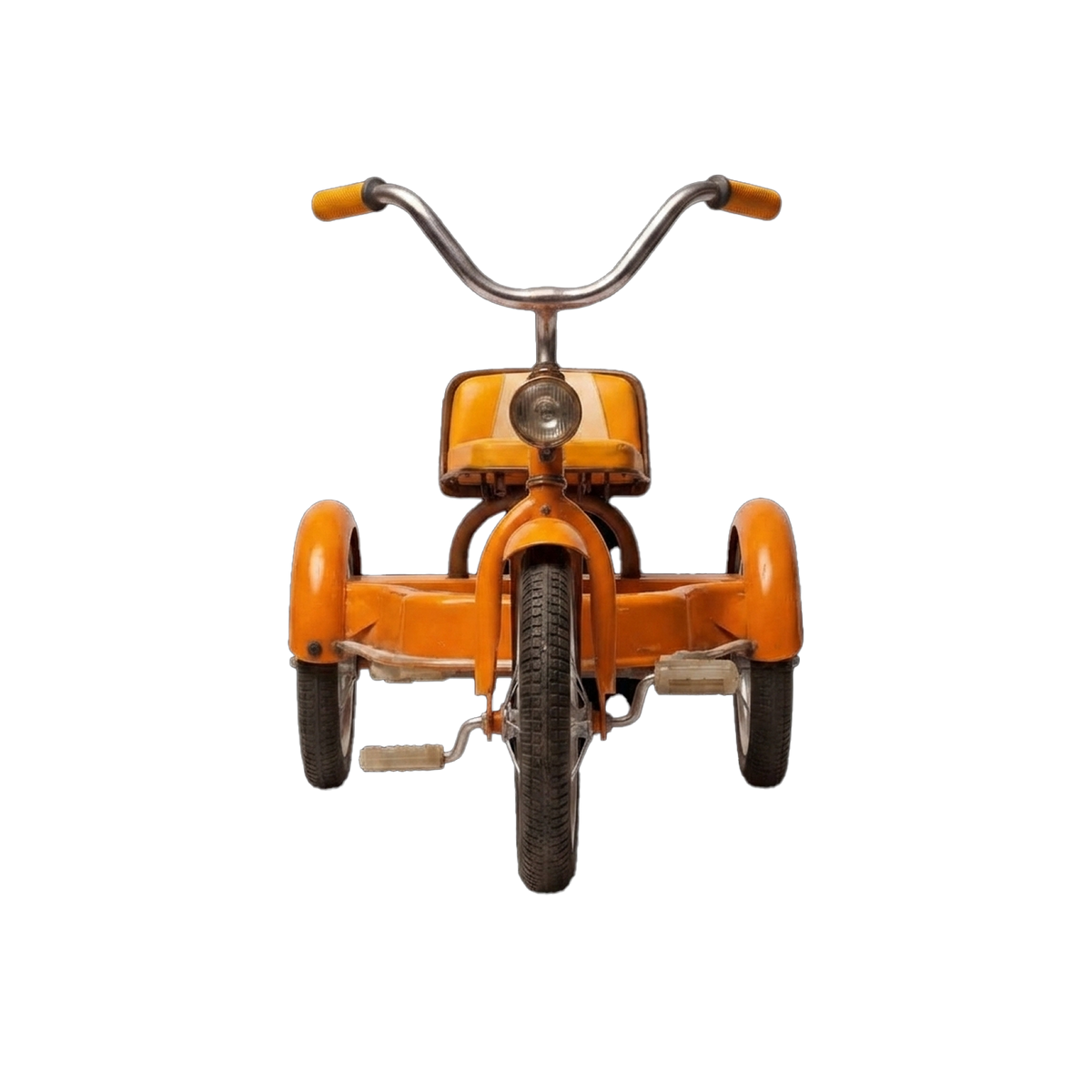 Sunset Chopper Kids Tricycle front-on detail shot white background full width chrome swept-back handlebar two orange rubber grips chrome headlamp mounted stem below handlebar wide orange tufted bucket seat backrest visible orange front mudguard fender full tread black rubber tyre two orange rear fenders flanking symmetrically chrome wire spokes vintage authentic