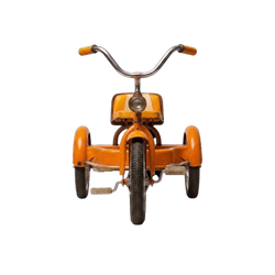 Sunset Chopper Kids Tricycle front-on detail shot white background full width chrome swept-back handlebar two orange rubber grips chrome headlamp mounted stem below handlebar wide orange tufted bucket seat backrest visible orange front mudguard fender full tread black rubber tyre two orange rear fenders flanking symmetrically chrome wire spokes vintage authentic