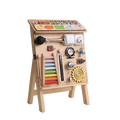 Montessori Busy Board Activity Station side view on A-frame pine easel showing tilted number shape roof panel and full sensory activity front panel