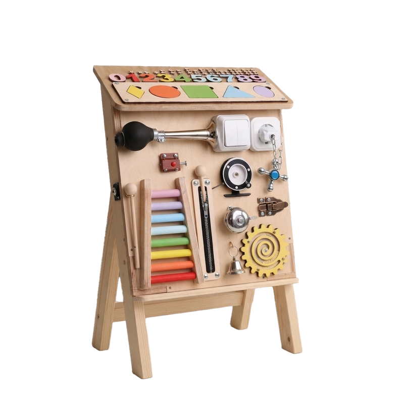 Montessori Busy Board Activity Station side view on A-frame pine easel showing tilted number shape roof panel and full sensory activity front panel