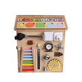 Montessori Busy Board Activity Station front view showing rainbow numbers 0-9 shape puzzles xylophone zipper gear bell switches bolt latch and tap valve