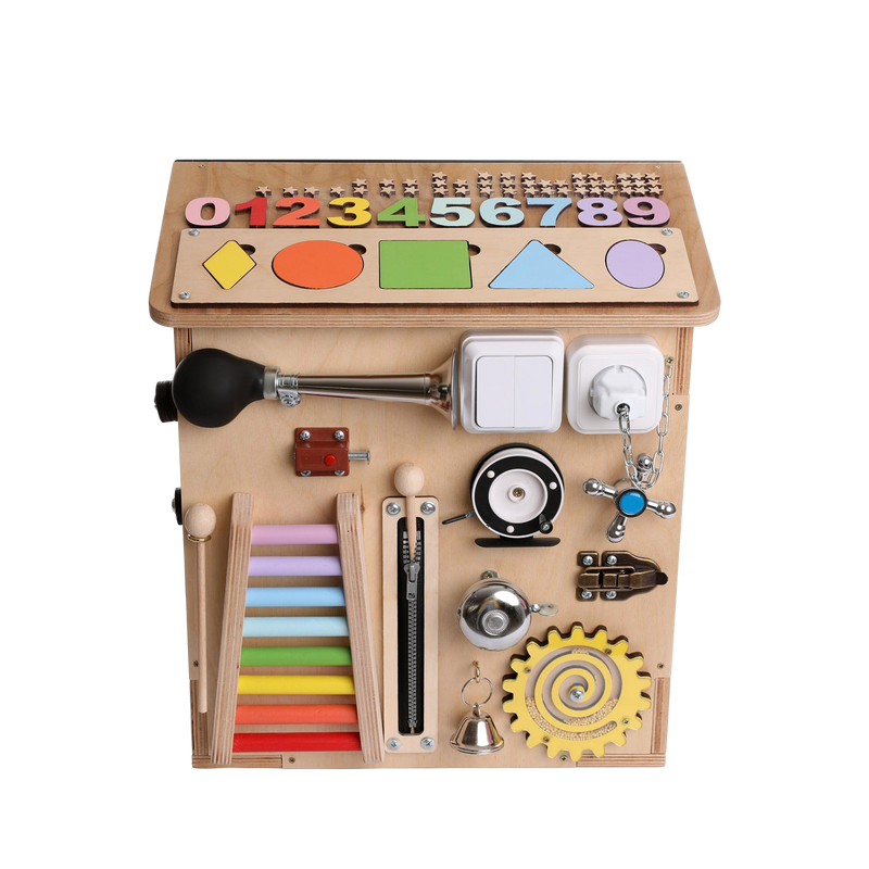 Montessori Busy Board Activity Station front view showing rainbow numbers 0-9 shape puzzles xylophone zipper gear bell switches bolt latch and tap valve
