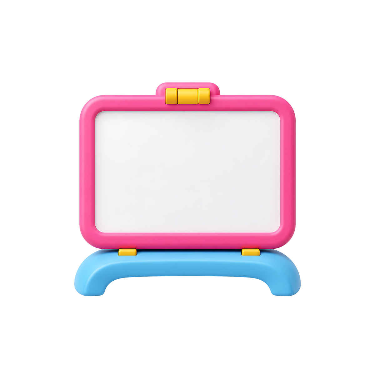 Kids Tabletop Whiteboard Easel front view blank white magnetic surface bold hot-pink frame sky-blue arch base yellow hinge clips and top eraser holder