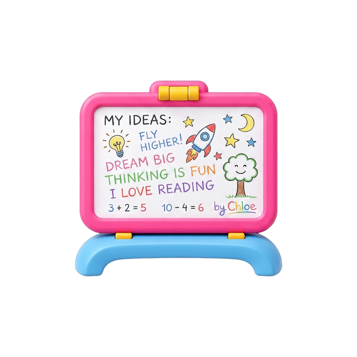 Kids Tabletop Whiteboard Easel in use with MY IDEAS written in rainbow marker with rockets stars maths equations and Chloe signature on white magnetic surface