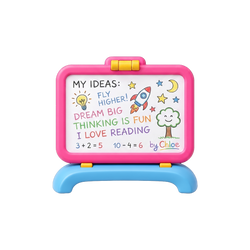 Kids Tabletop Whiteboard Easel in use with MY IDEAS written in rainbow marker with rockets stars maths equations and Chloe signature on white magnetic surface