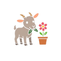 Baby Goat Farm Animal Colouring Kit completed reference showing goat coloured in warm taupe brown with golden horns peachy ears green leaves pink daisy and terracotta pot