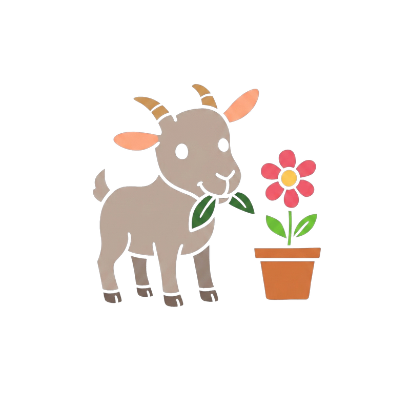 Baby Goat Farm Animal Colouring Kit completed reference showing goat coloured in warm taupe brown with golden horns peachy ears green leaves pink daisy and terracotta pot